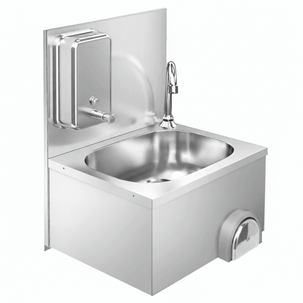 Handwaschbecken - Edelstahl - mit Wasserhahn, Kniebedienung & Seifenspender