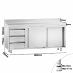 Edelstahl Arbeitsschrank PREMIUM - mit 3 Schubladen Links & Aufkantung – Bild 4