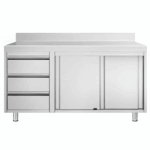 Edelstahl Arbeitsschrank PREMIUM 3 Schubladen Links & Aufkantung