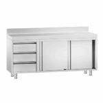 Edelstahl Arbeitsschrank PREMIUM - mit 3 Schubladen links & Aufkantung